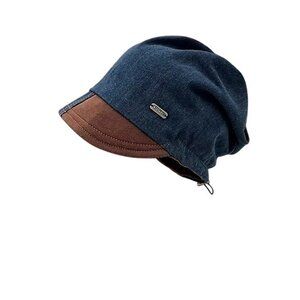 Denim Patchwork Small Brim Drawstring Beanie Hat for Women
